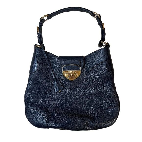 PRADA VITELLO DAINO LEATHER PUSH-LOCK HOBO BLACK LUXURY DESIGNER VINTAGE ITALIAN - Picture 1 of 16